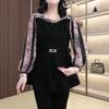High-End Beaded Chiffon Patchwork Top for Middle-Aged Women – Plus Size, Luxury Spring Casual Shirt