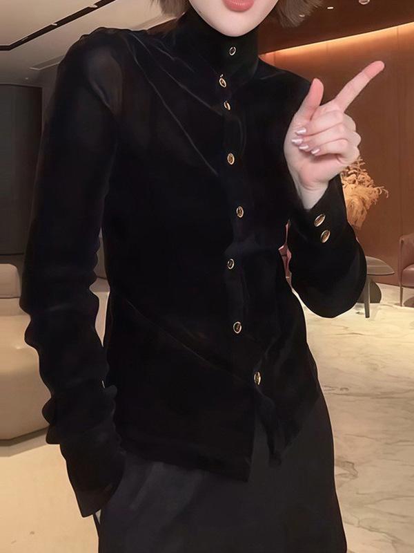 Women's Designer Velvet Long-Sleeve Top with Gold Buttons - Early Spring 2026 Collection