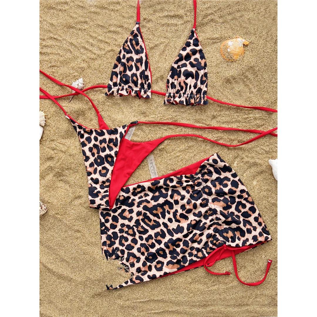 

Two Sides Reversible Leopard Bikini Women Swimwear Female Swimsuit Three-pieces Bikini Set Bather Bathing Suit Swim S леопардовий/червоний