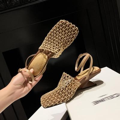 Fashion 2025 Summer Luxury Fashion Designer Sandals Women's Lace Mesh Square Toe Shallow Narrow Strap Braided Slip-on High Heels Sandals