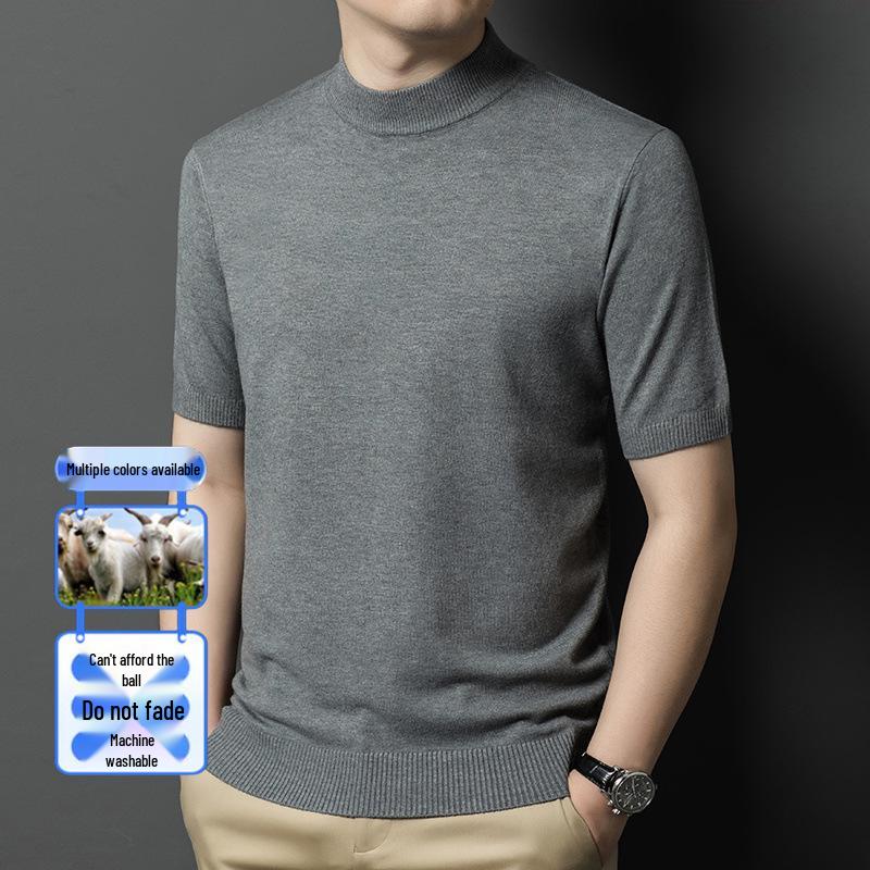 Men's Slim Fit Half-High Neck Wool Blend Knit Shirt - Short Sleeve, Fashionable, Versatile, Business Casual.