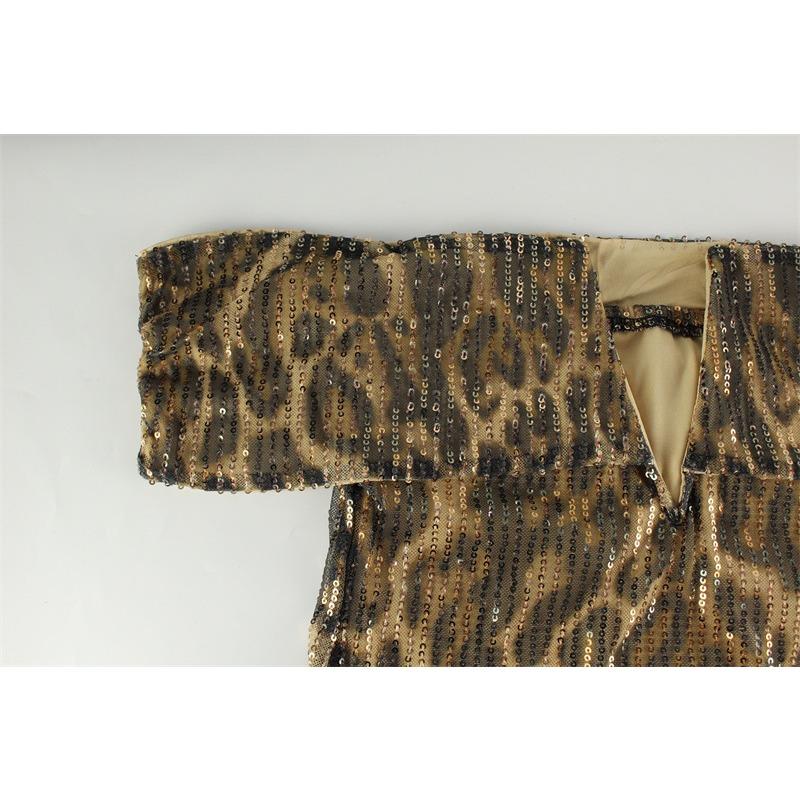 Vestido largo de cena con lentejuelas de leopardo y hombros descubiertos con escote en V para mujer