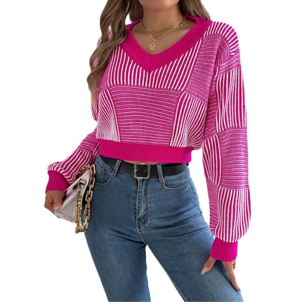 Women's Sweatshirt - Autumn/Winter Casual Striped Bell-Sleeve Pullover Cropped Knitwear