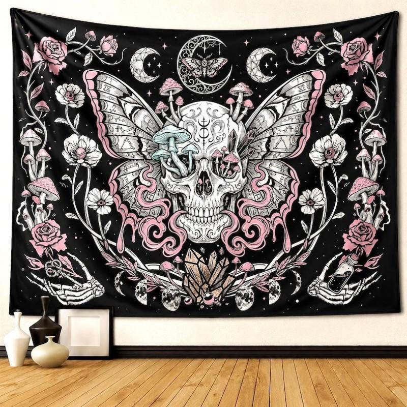 Gothic Dark Skull Tapestry Mushroom Moon Phase Wall Hanging Mysterious Aesthetic Bedroom Living Room Home Decor Wall Art