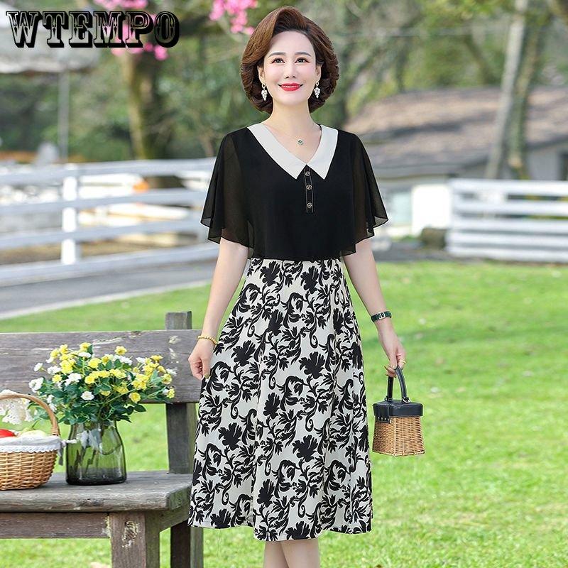 Women Splicing Fake Two Pieces Chiffon A-line Dress Printed Waist Large Hem Dresses