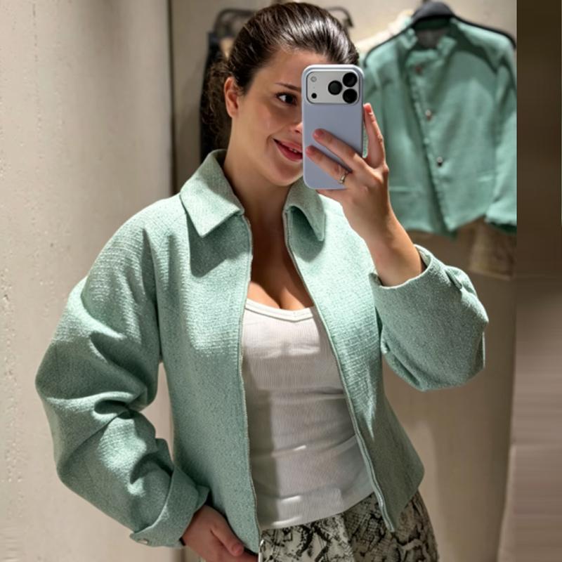 Cropped Tweed Jacket Women's Jacket Demi-Season Zip-Up Long Sleeve Mint Green Outerwear Streetwear Coats