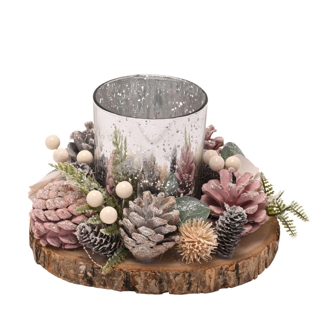 Blush Pink Foliage Mercury Glass Candle Holder On Log Slice Board