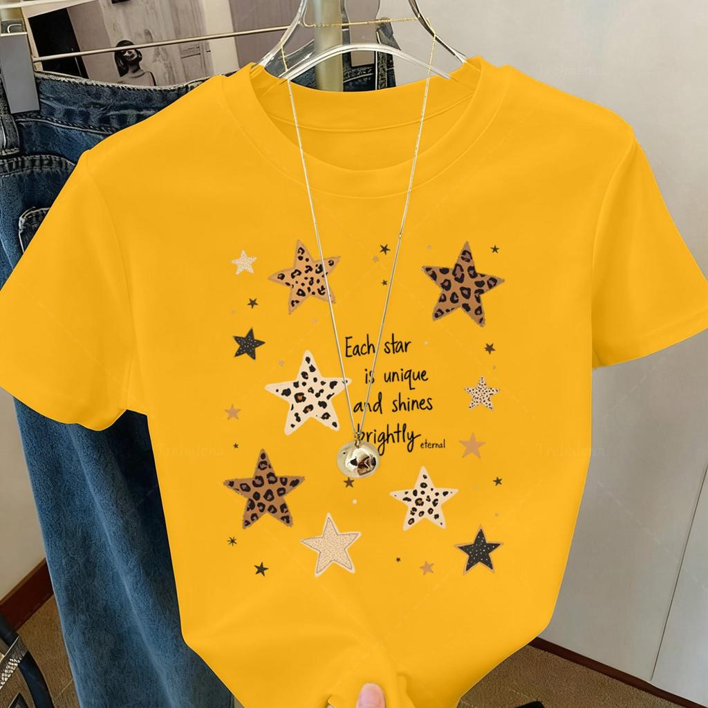 Leopard Star Printed Women's T-shirt, this casual summer top is a round neck short-sleeved patterned T-shirt