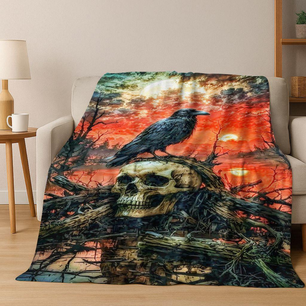 3D Viking Oding Raven Crow Skull Huginn Muninn Norse Flannel Blanket,Warm and Cozy Soft Throw Blanket for Home Bedroom Bed Sofa