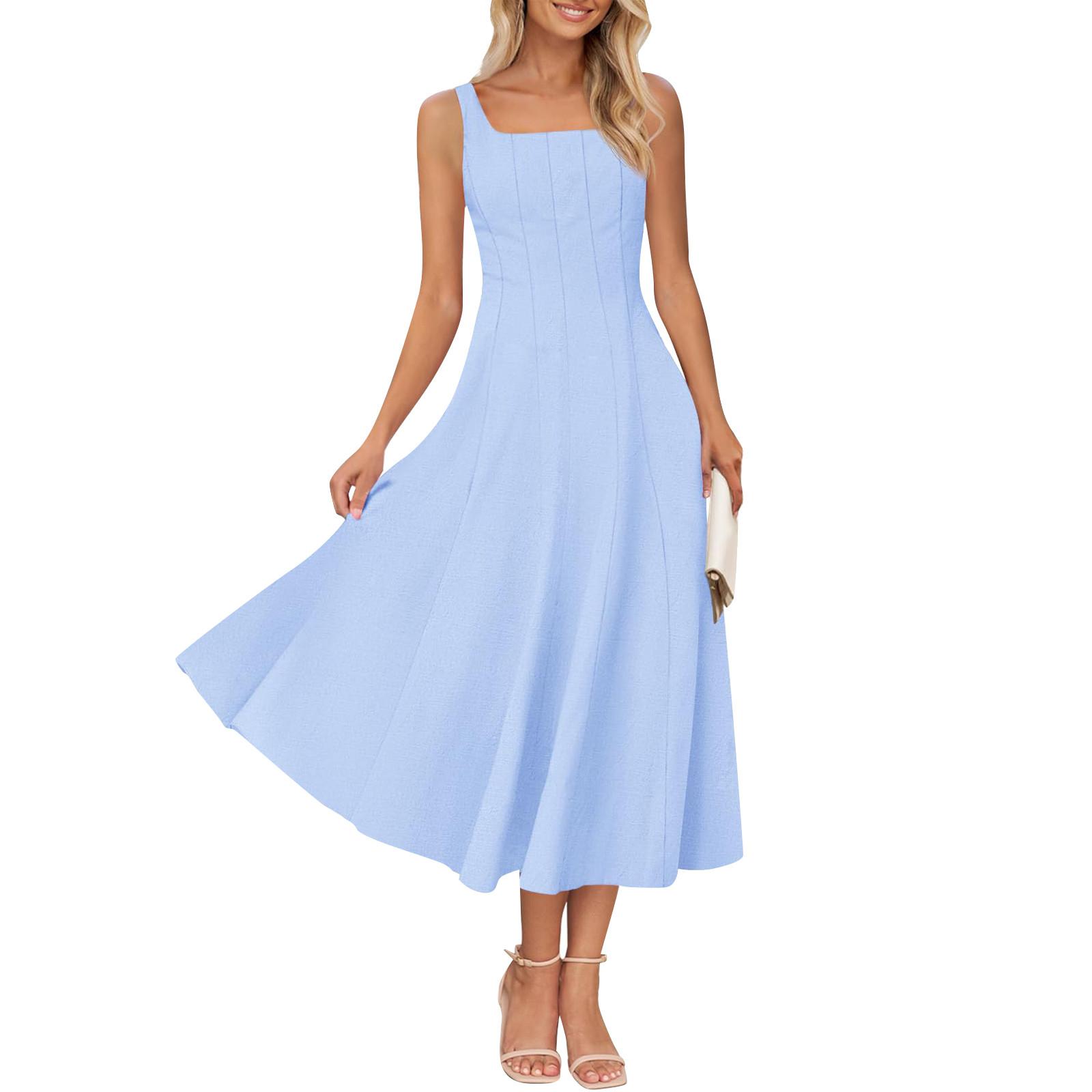 

Женское платье с V-образным вырезом, летнее платье с плиссированной резинкой на талии, А-силуэтное платье XL синий