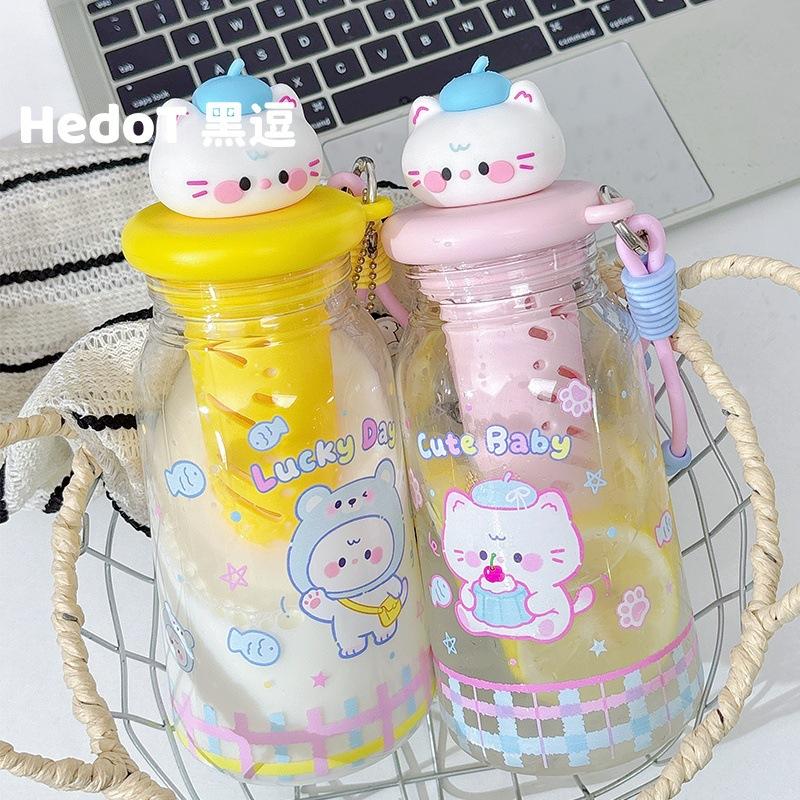 Water bottle kitten water cup plastic cup student portable straw cup summer high value large capacity girl cute straw cup