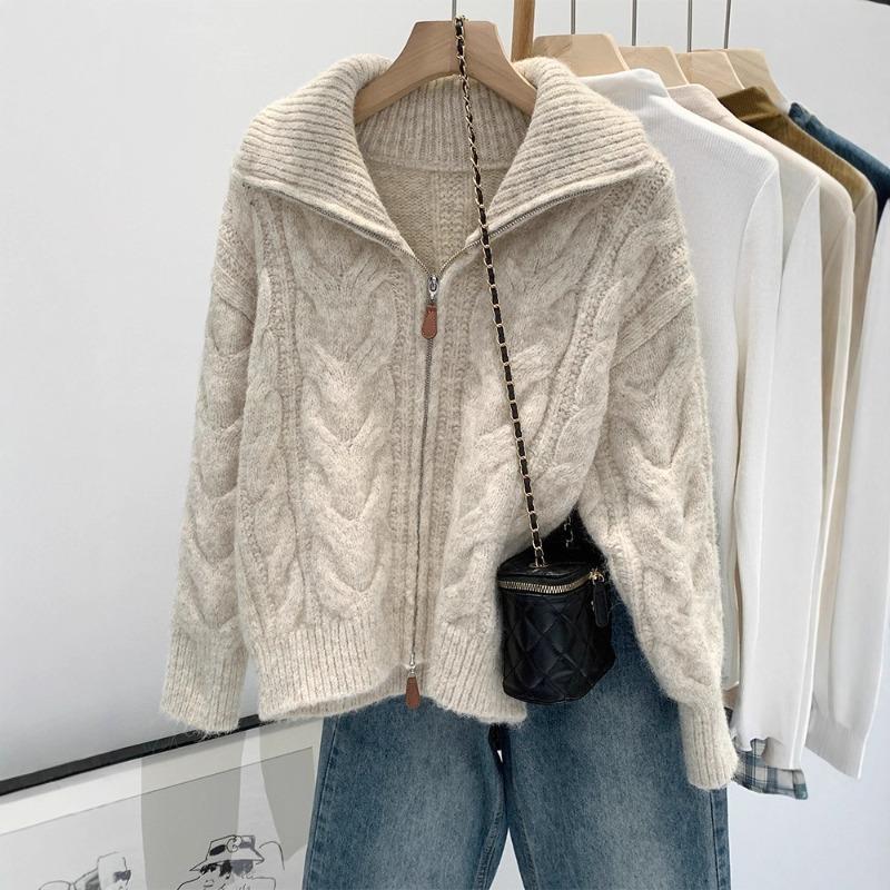 Maillard short turtleneck zipper sweater cardigan women's autumn and winter new loose soft waxy twist knitted jacket