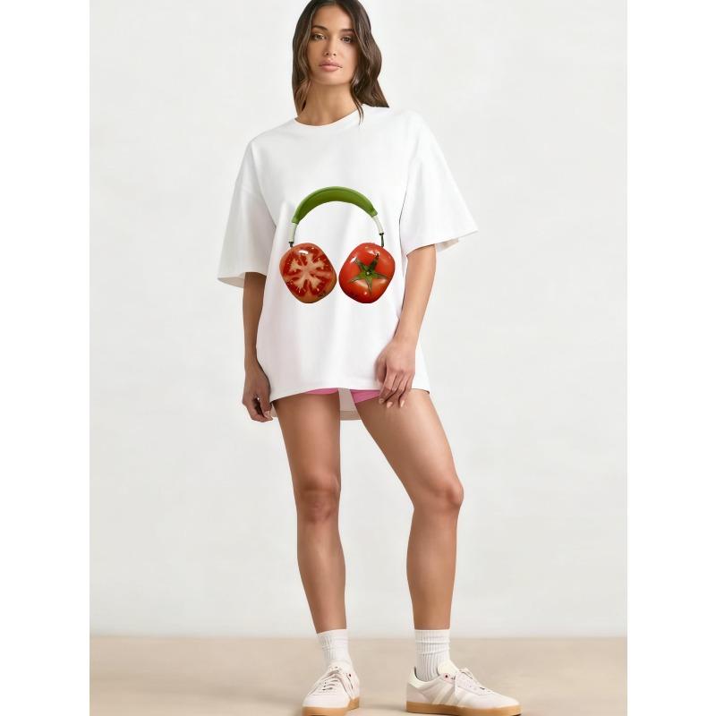 Oversized T Shirt Black Tomato Headphones Print Casual Wear for Women Summer Streetwear Fashion Trendy Graphic Tee