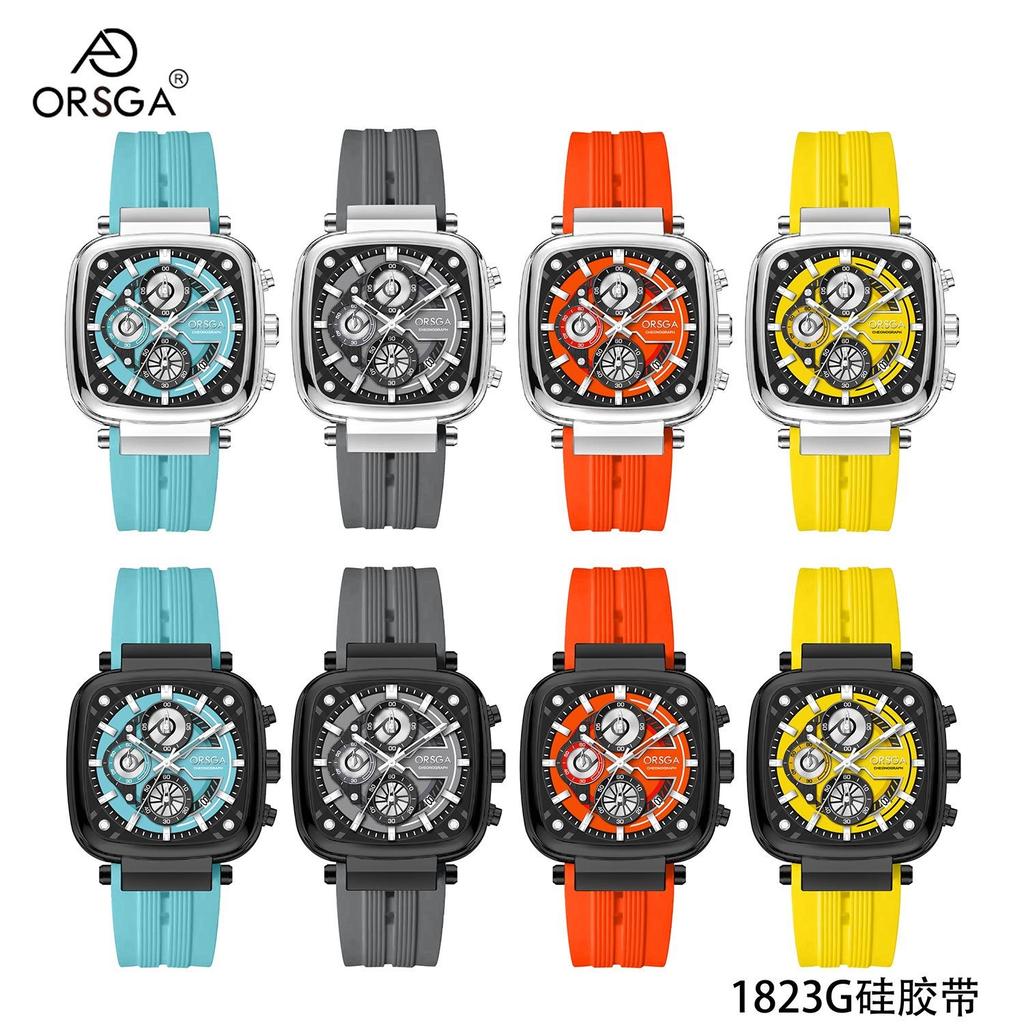 Mens Square Chronograph Watches Waterproof Luminous Quartz Wrist Watch with Silicone Strap