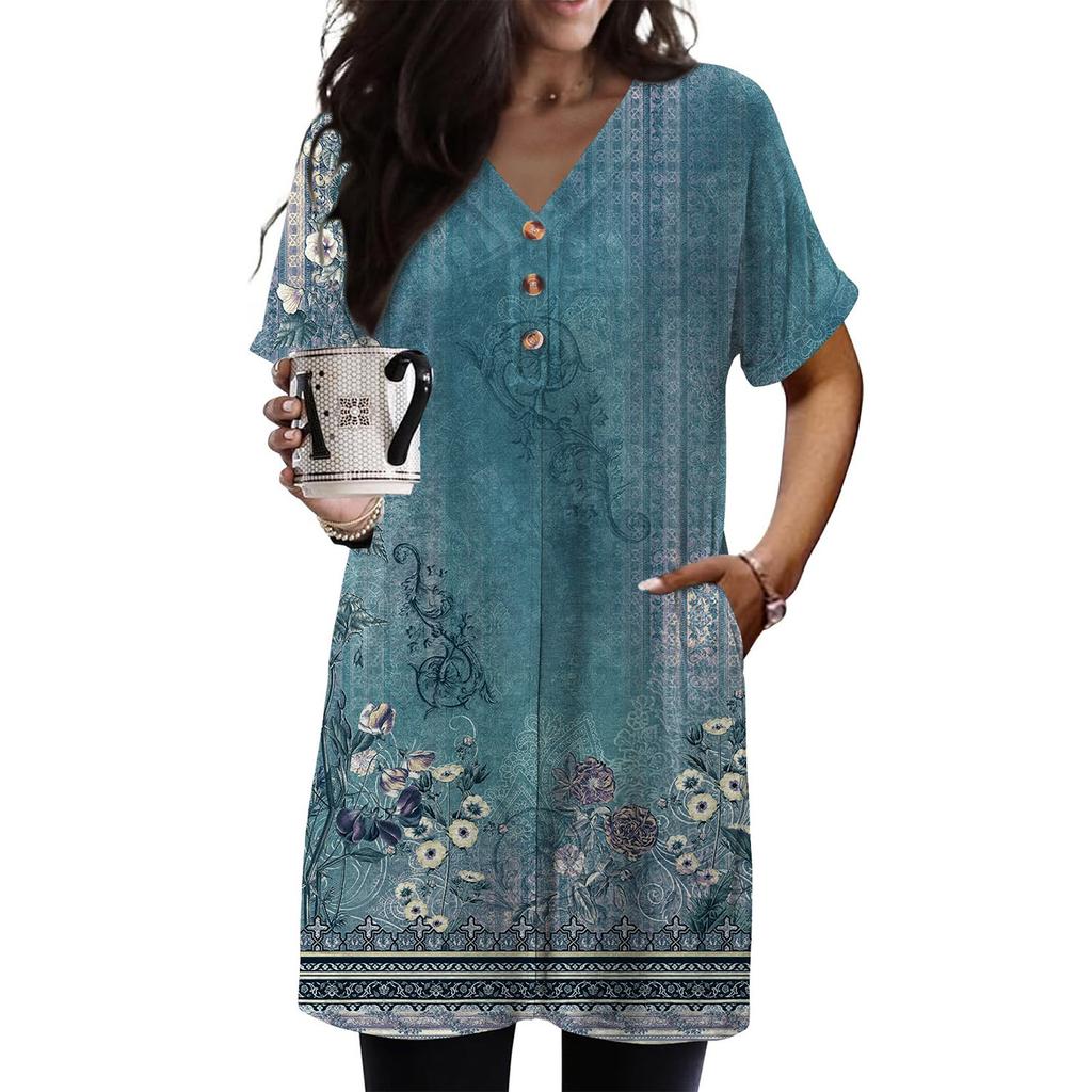 Women's Fashion Casual Short Sleeve Button V-Neck With Pocket Long Top
