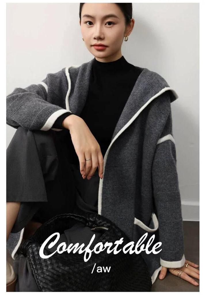 Women's 100% Wool Mid-Length Korean Style Hooded Overcoat - 2026 Premium Cardigan.