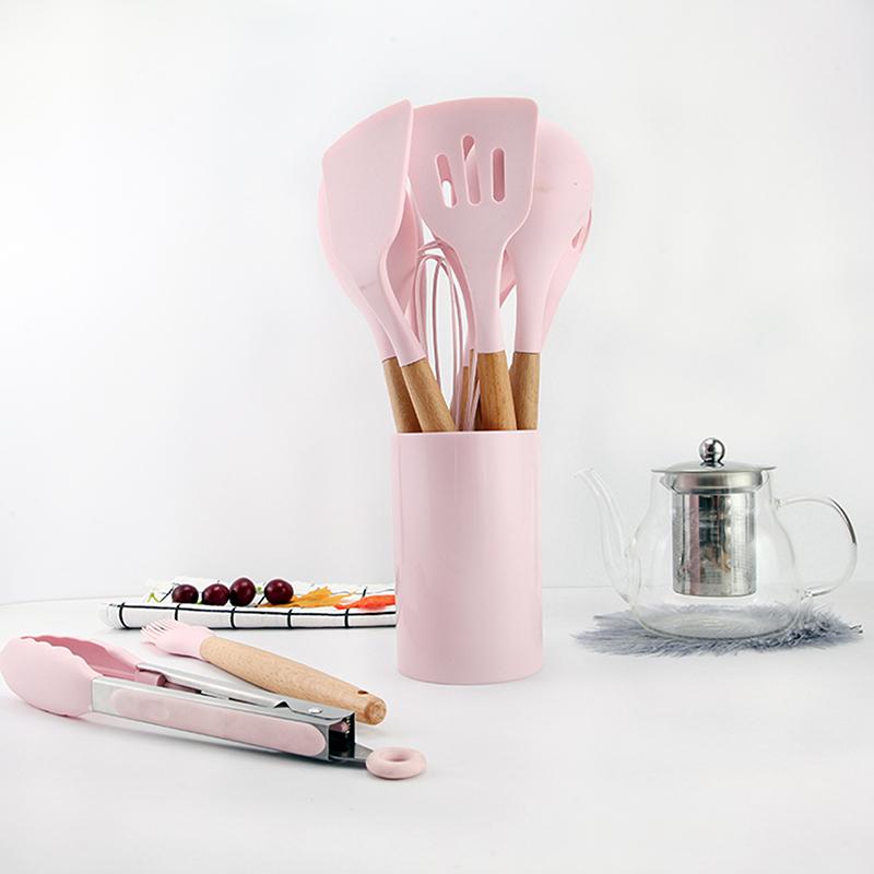 1/12Pcs Silicone Kitchenware Non-Stick Cookware Kitchen Utensils Set Spatula Shovel Egg Beaters Wooden Handle Cooking Tool Set