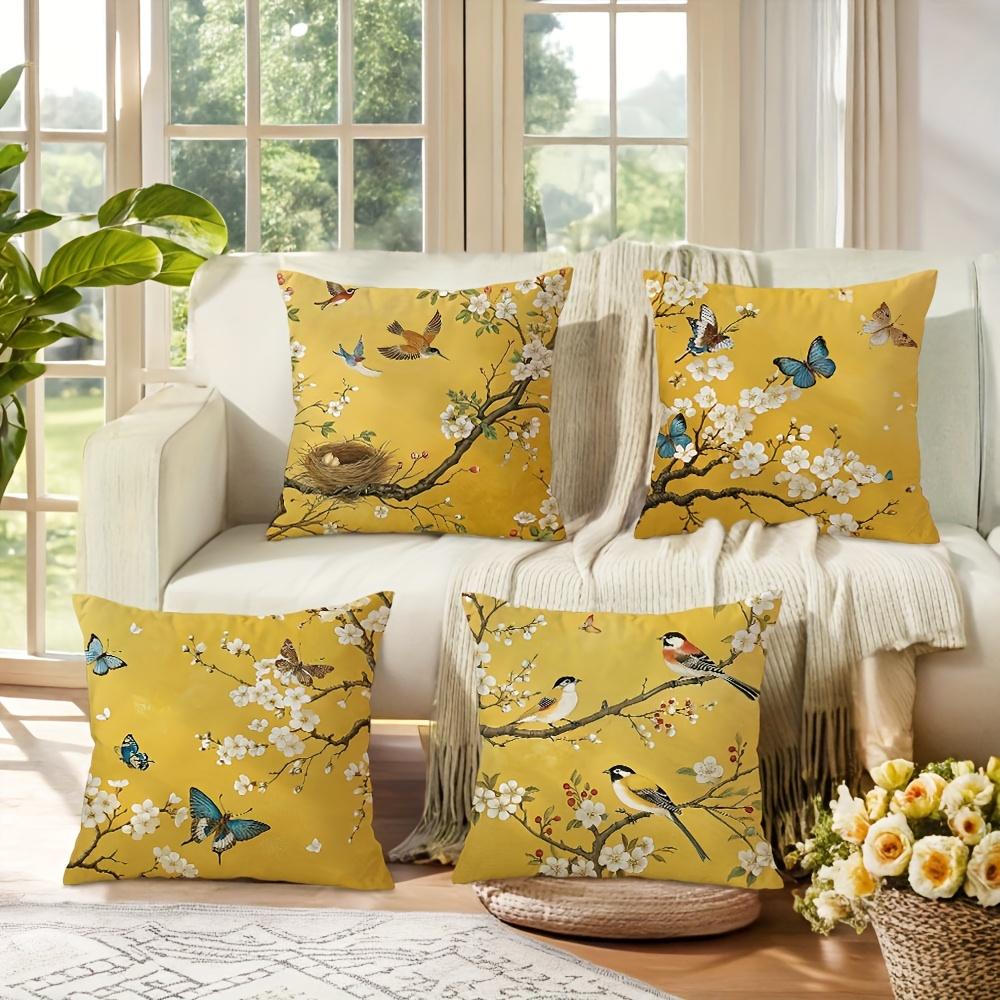 1/4pcs Yellow Pillowcases with Floral and Bird Motifs Sofa Cushion Cover Home Bedroom Room Decoration
