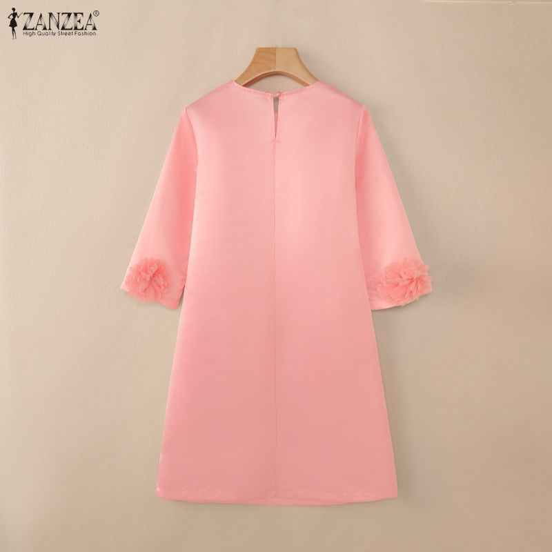 ZANZEA Women Casual Round Neck Solid Color 3/4 Sleeve Elegant Dress