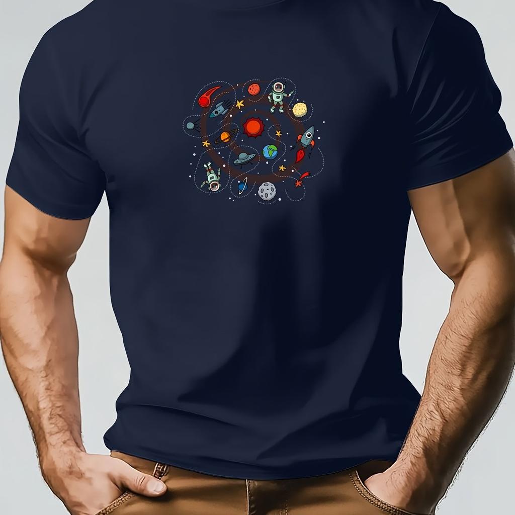 Men's Cotton Graphic T-Shirt Summer Casual Crew Neck with Artistic Cosmic Circle Design Men Clothing