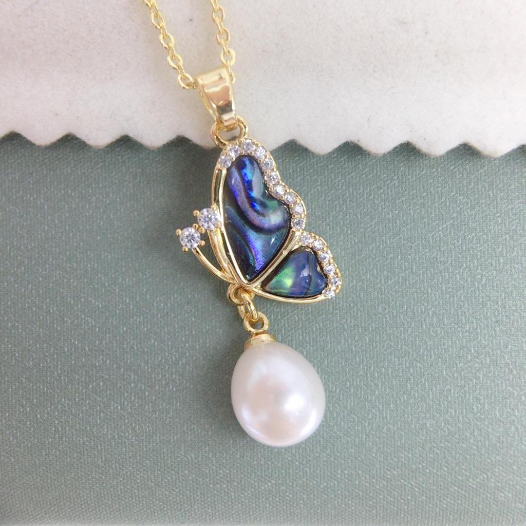 Natural Freshwater Pearl & Abalone Shell Butterfly Zircon Necklace for Women