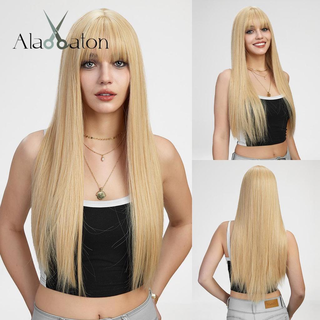ALAN EATON Women's Black Wigs Long Straight Synthetic Wigs with Bangs Daily Party Cosplay Heat Resistant Fiber Smooth Natural
