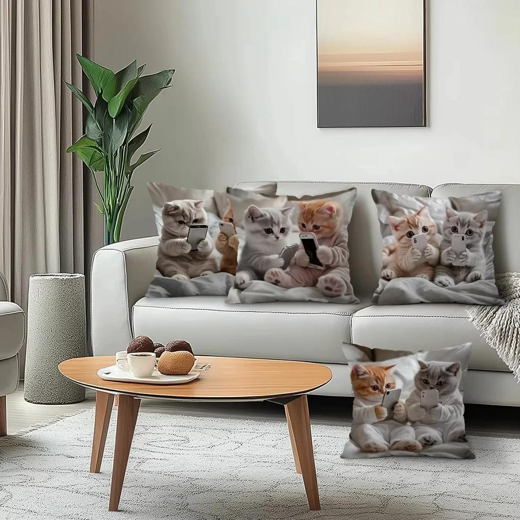 Home Decor Cute Kittens With Smartphones Printed Pillowcase Pattern Cushion Cover Suitable For Sofa Bedroom Car Pillow Cover