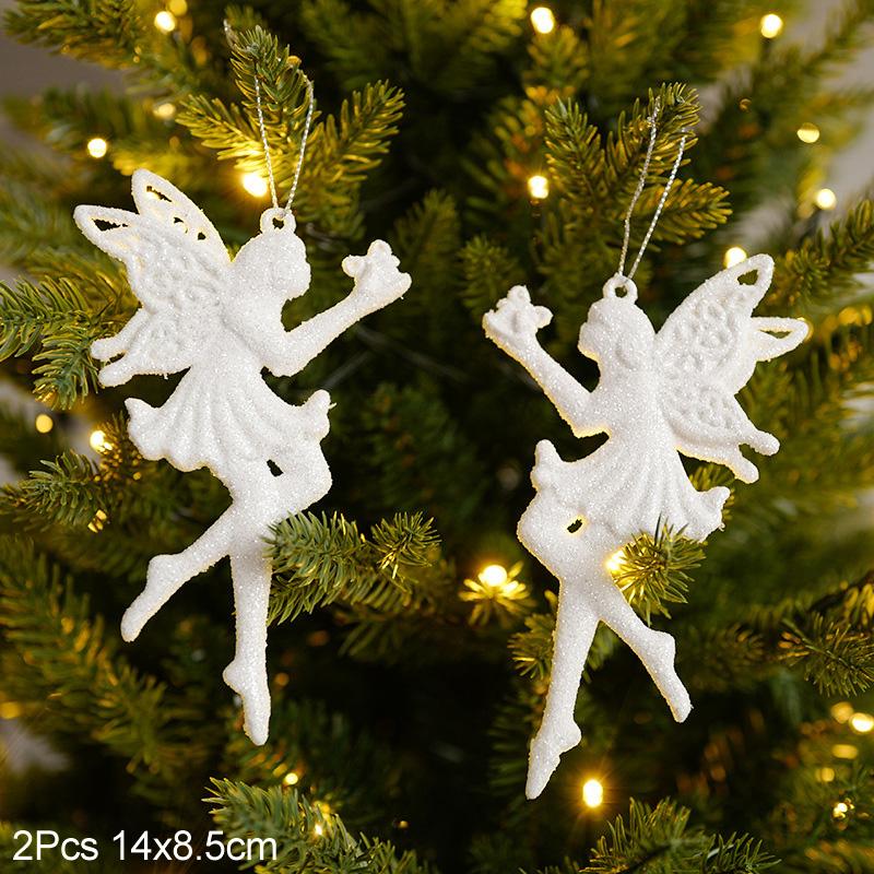 White Glitter Christmas Tree Hanging Ornaments Snowflake Angel Elk Pendants New Year Party Home Xmas Tree Decorations Kids Gift