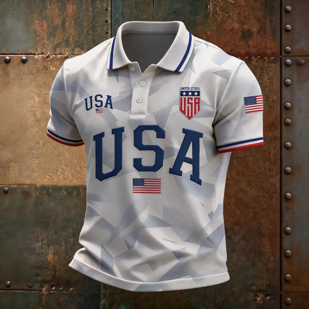 Men's Loose Fit Breathable Polo Shirt Short Sleeve Soccer Fanwear USA 2026 Embroidered Design Lightweight Mesh Fabric