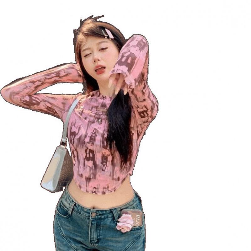 Women's Retro Chic Long Sleeve Irregular Print T-Shirt - Spring Design, Sweet & Spicy Hong Kong Style Top.