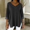 Women's Blue Denim Loose Fit V-Neck Long Sleeve Shirt with Side Slits