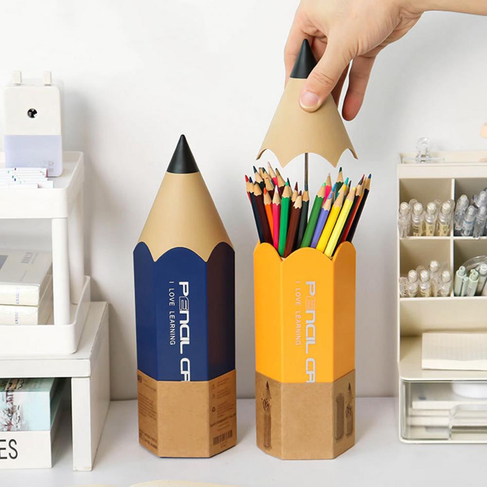 Pencil Shaped Storage Box Student Creative Pen Holder Desktop with Cover Dust-proof Stationery Pen Holder Makeup Brush Holder
