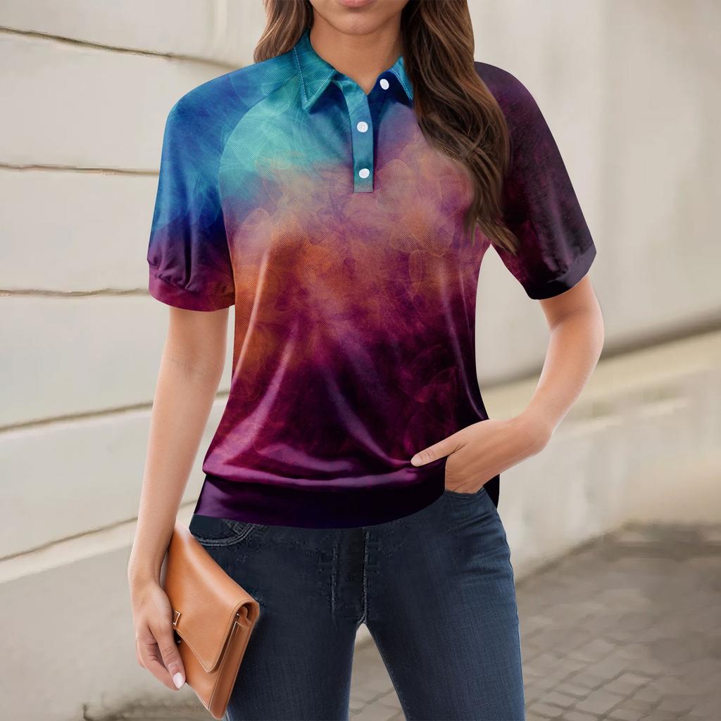 Women's Casual Floral Print V-Neck Short Sleeve Decorative Button T-Shirt Top