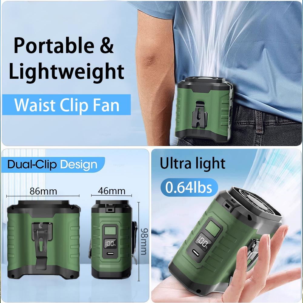 Protable Waist Fan Personal Belt Clip Fan Portable Power Bank Wearable Hanging Neck Fan for Outdoor Works Hiking Camping