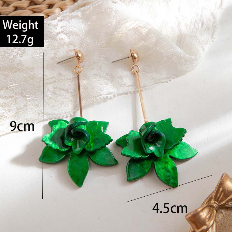 Fashion Green Resin Flower Drop Earrings for Women Vintage Metal Geometric Petal Statement Earrings Party Jewelry Accessories
