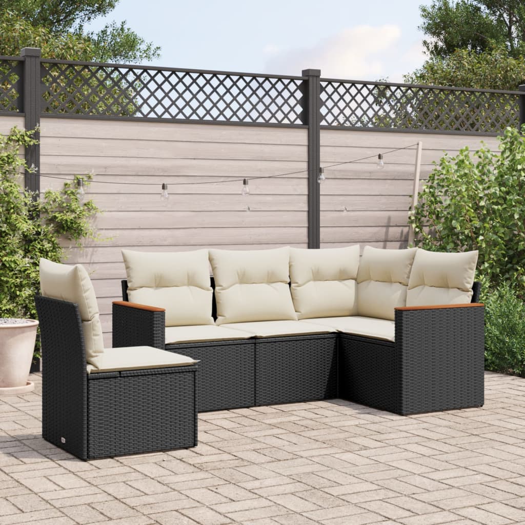 5 piece garden sofa set with cushions black poly rattan