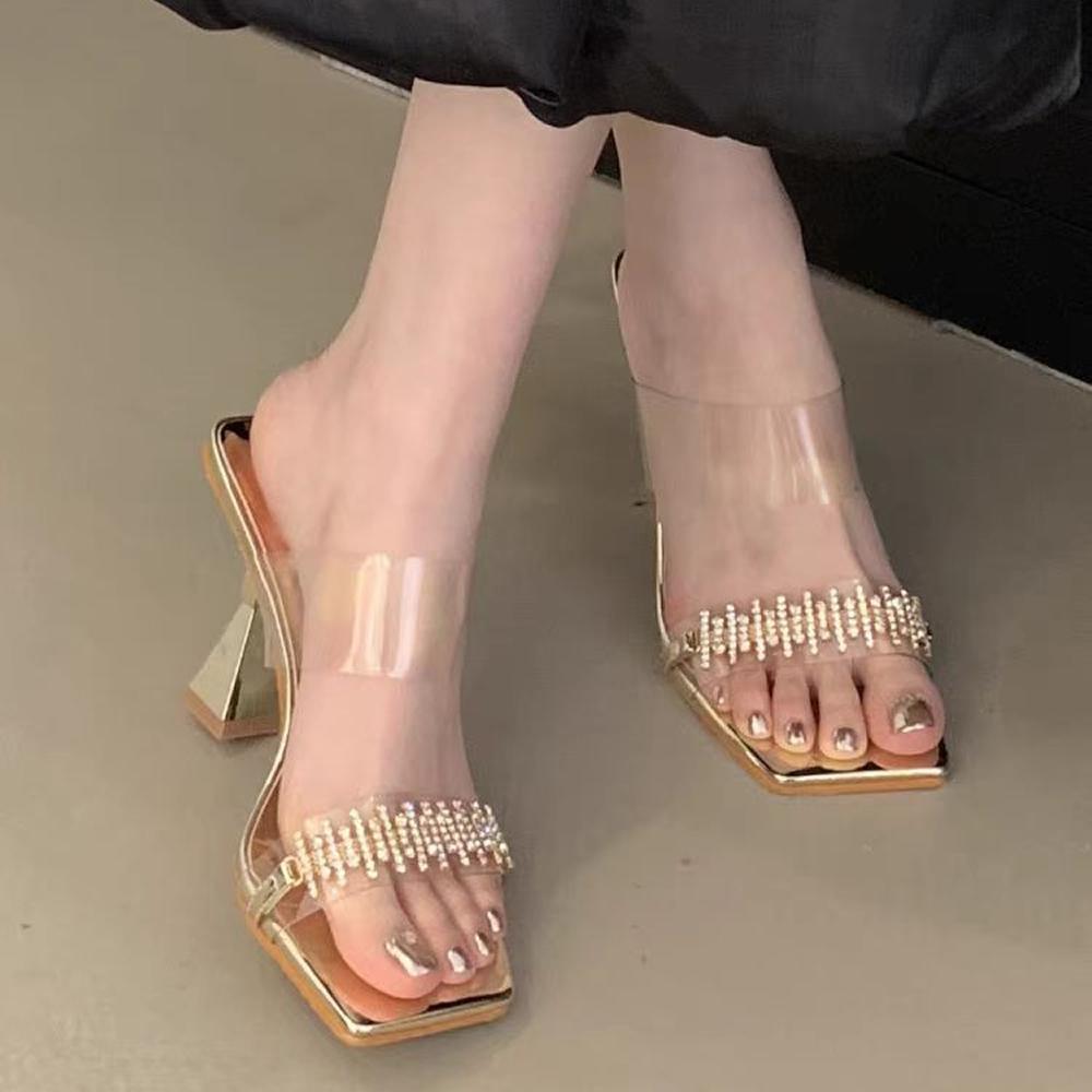 

Женские туфли на высоком квадратном каблуке, сандалии для улицы, прозрачные с открытым носком, с хрустальной пряжкой, простой стиль, материал полиуретан 38 золотой