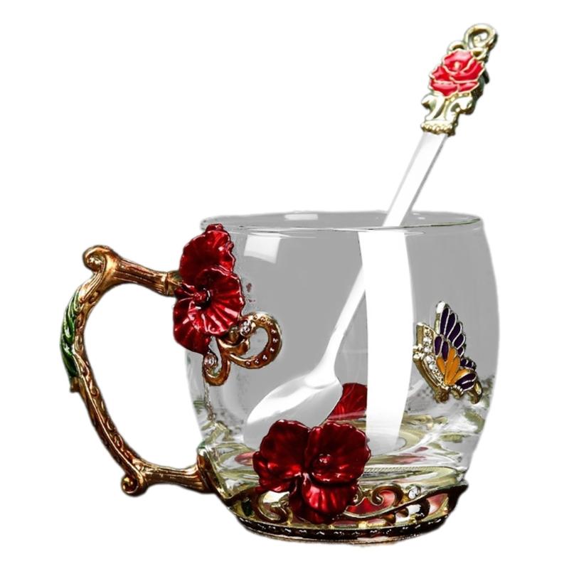 Praktisches Glas-Emaille-Tassen-Geschenkset Schmetterlinge Emaillierte Glastassen Blumen Verzierte Glas-Wasserbecher mit Löffel Dropshipping