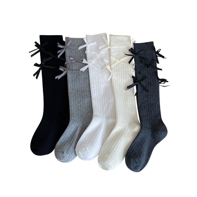 Barrel-style Bow Long Calf Socks for Girls, Lolita Pile Sweet School-style Cotton Socks for Young Girls