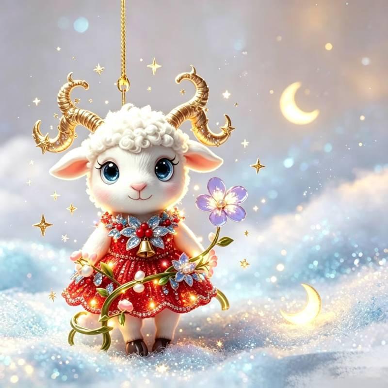 Shining 2D Flat Rhinestone Embossed Goat Pendant Bag Charm Christmas Tree Ornament