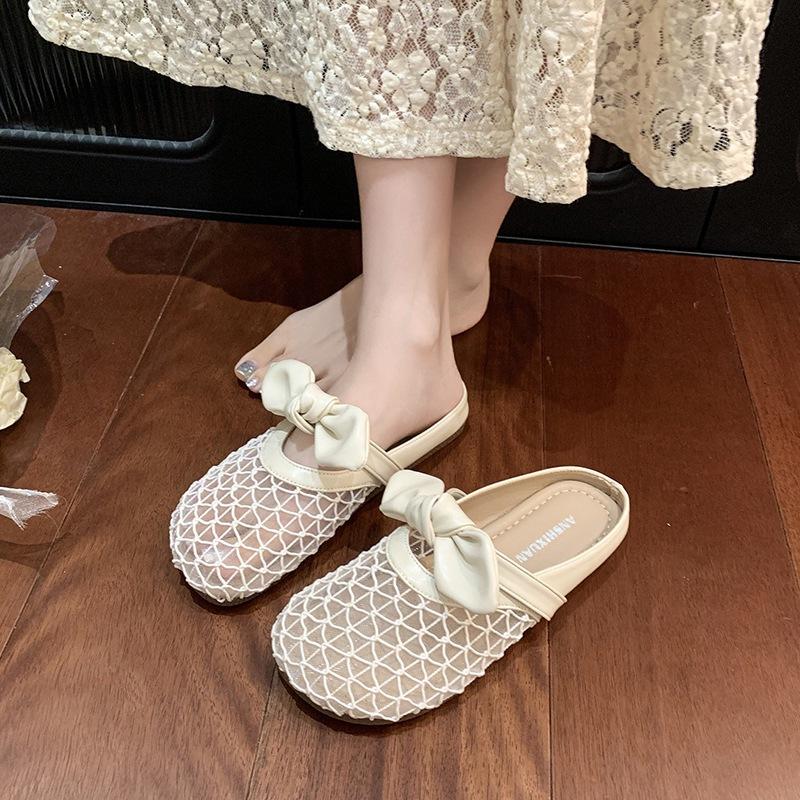 Mesh Woven Bag Head Cool Slippers Women's Summer Wear 2025 New with Skirt Breathable Fashion Bow Half Slippers