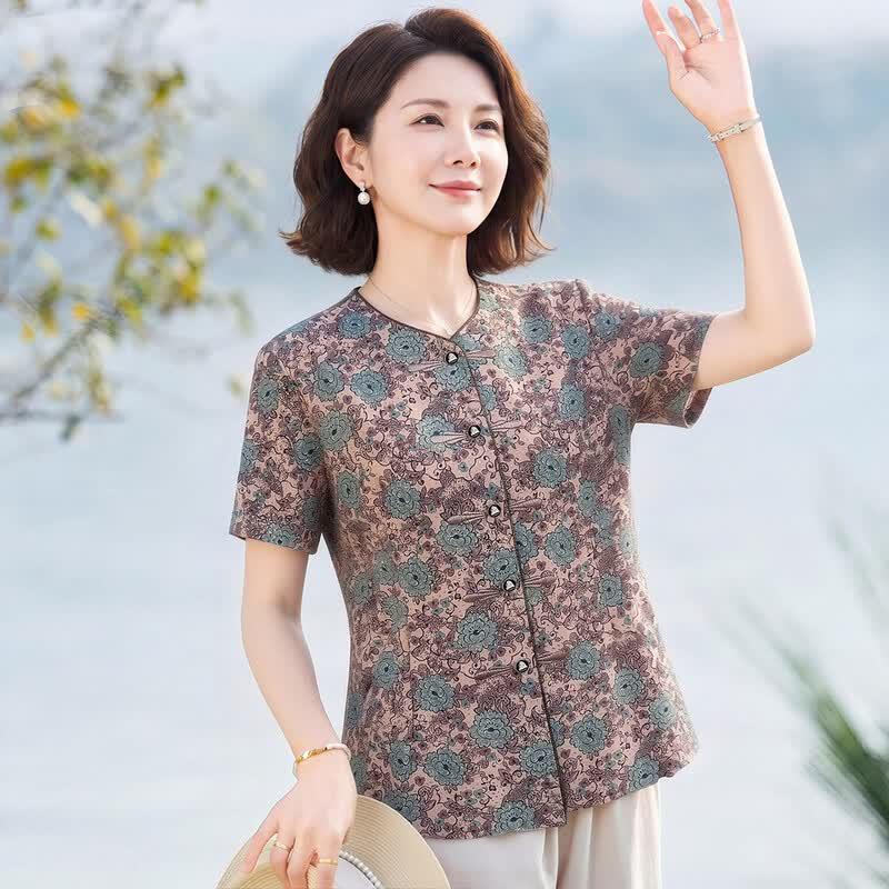 Haoyi Summer Retro Floral Chinese Style Women s Top XXXL
