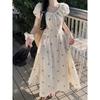 Bow Printed Short Sleeve Dress Women's Summer Gentle Waist Skinny Bubble Sleeve A-Word Long Dress