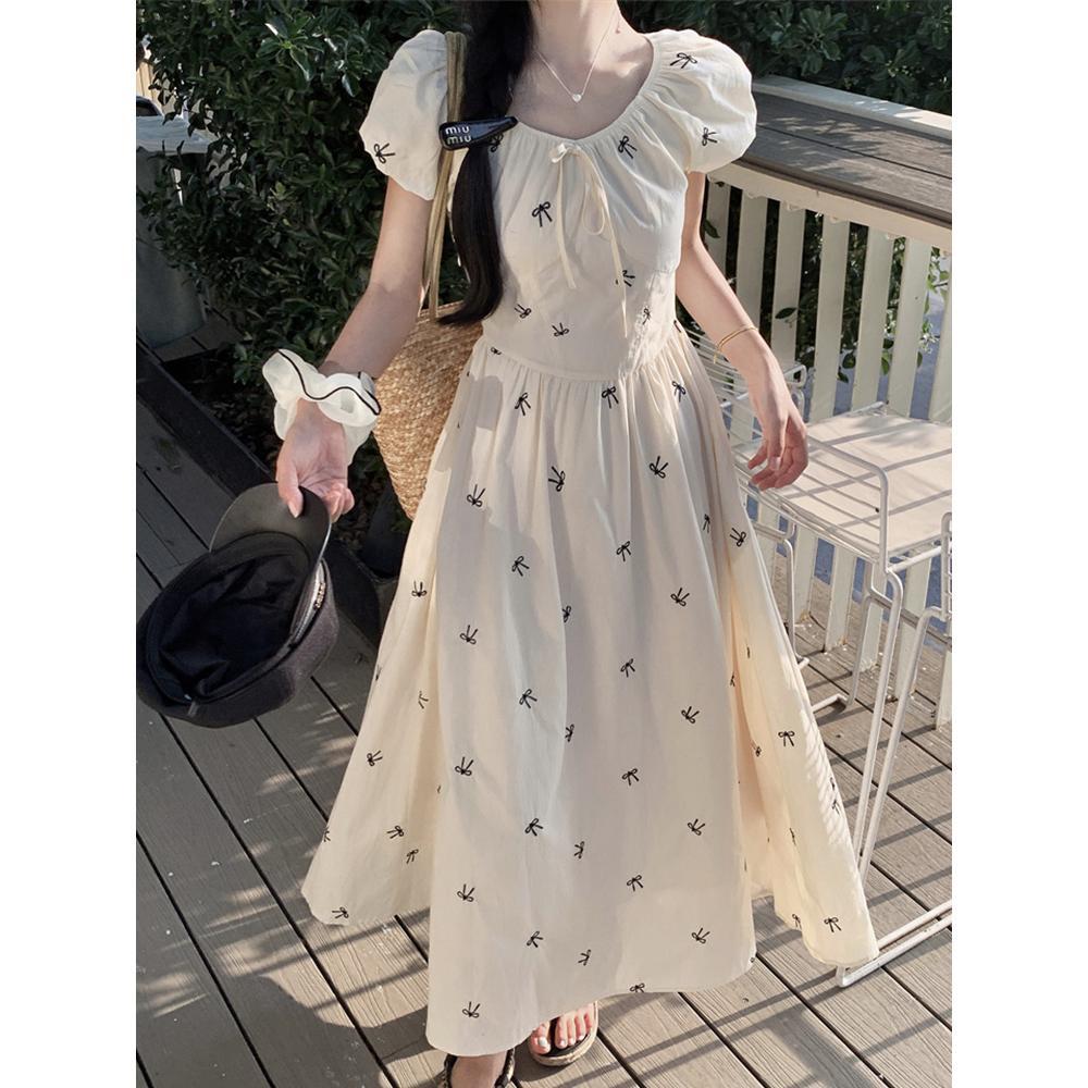 Bow Printed Short Sleeve Dress Women's Summer Gentle Waist Skinny Bubble Sleeve A-Word Long Dress