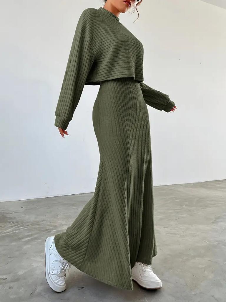 Rib Knit Crop Top And Maxi Skirt Set Two Piece Outfits Long Sleeve High Waist Plain Matching Sets