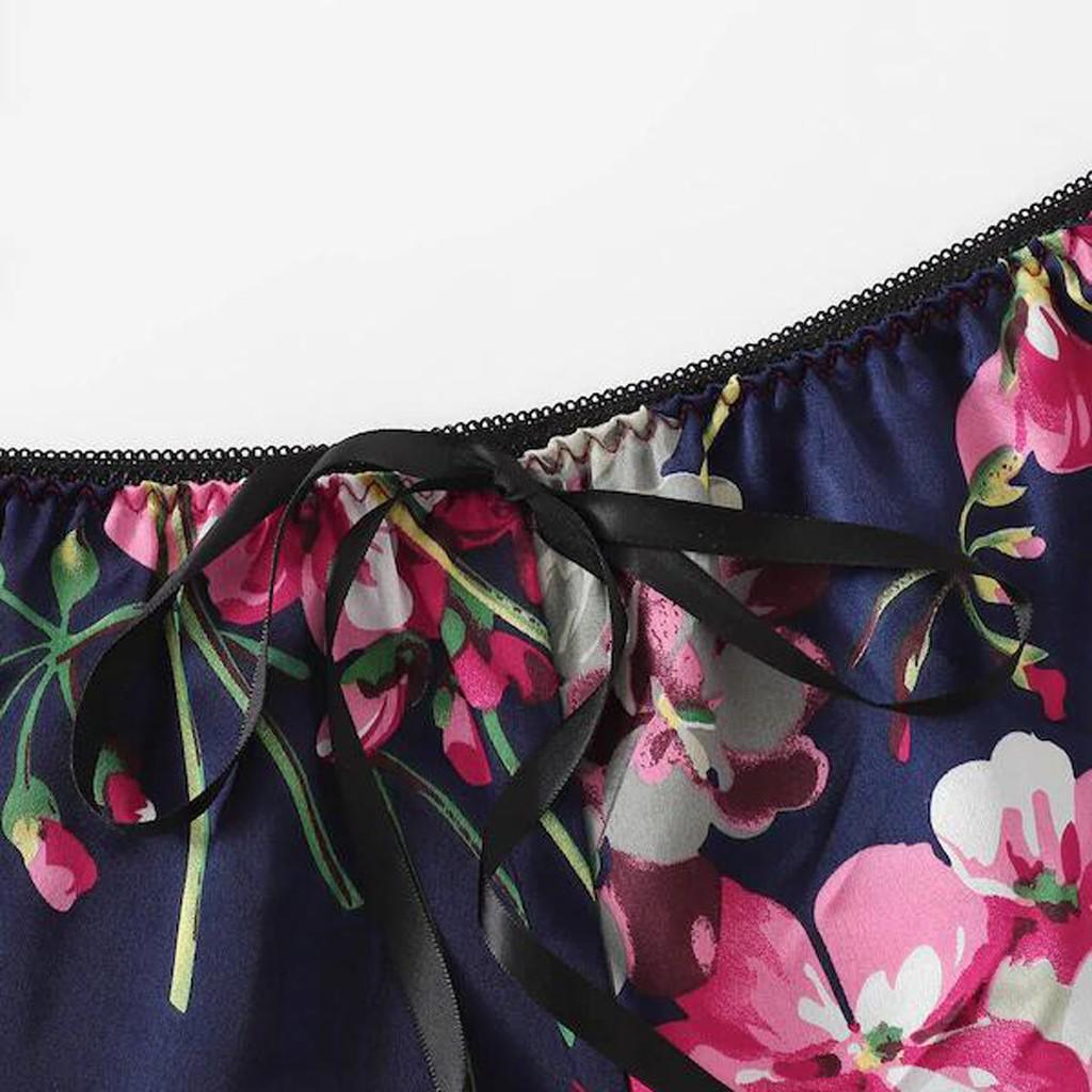 Fashion Sexy Lace Satin Trim Floral Bow Lingerie Set Pajamas Babydoll Sleepwear