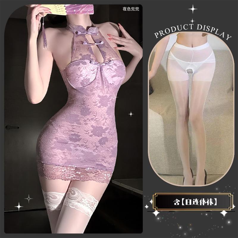 Erotic Lingerie New Neck Pan Lace Cheongsam Perspective Temptation Hip Skirt Sexy Pure Desire