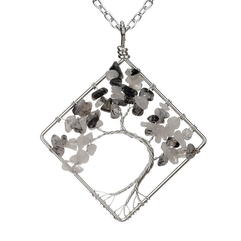 Wrapped Colorful Natural Stone Crystal Square Curved Tree Of Life Pendant Necklace N08 Fresh And Sweet