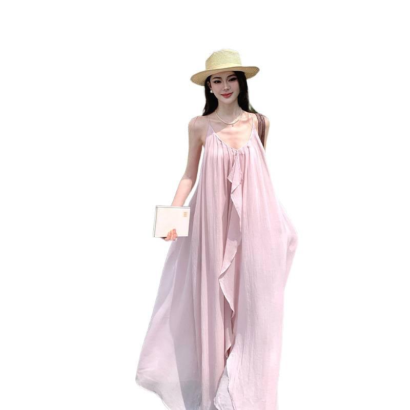 Seaside Travel Wear Apricot Neck Sling Dress Women's Summer Seaside Vacation Wind Irregular Beach Long Skirt