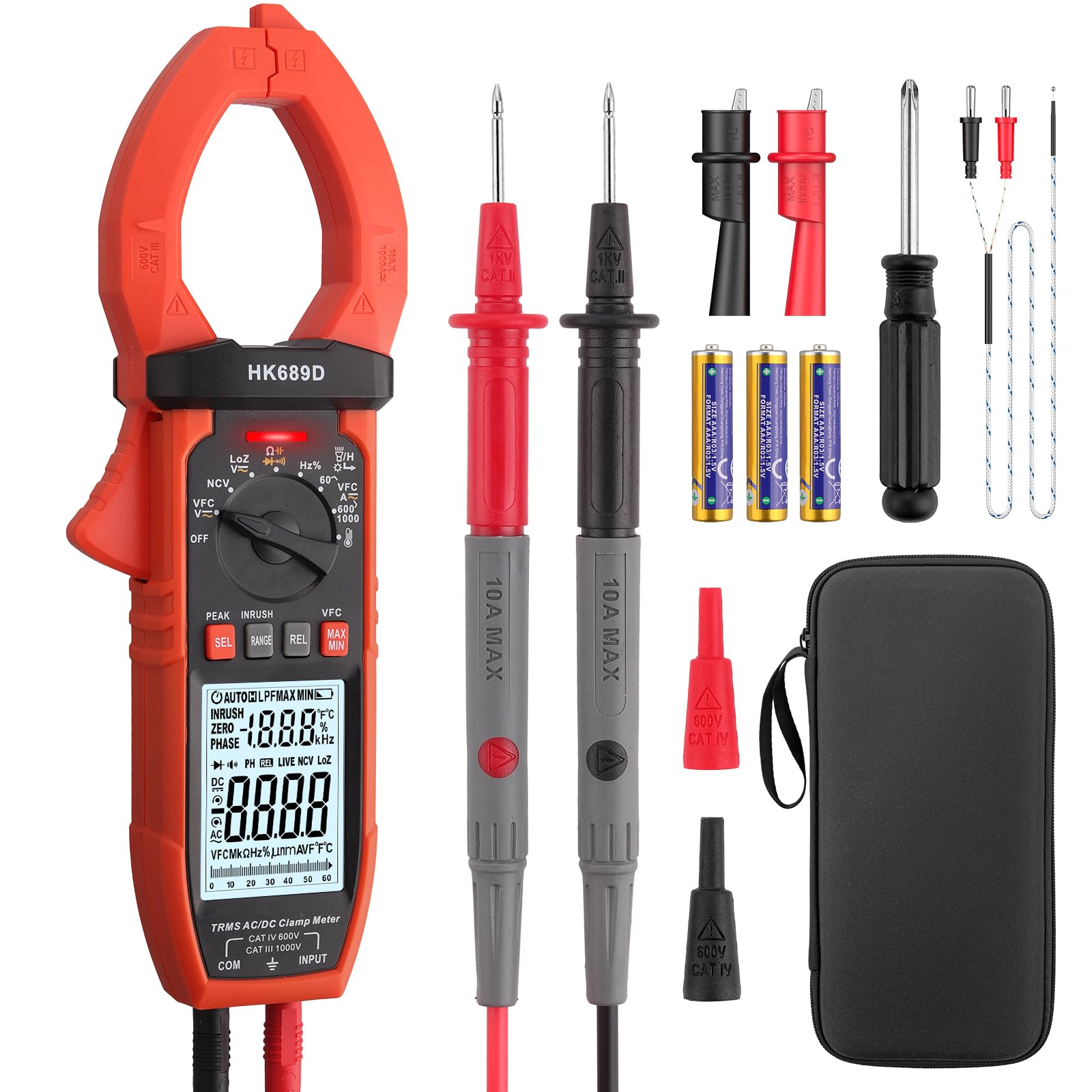 

Proster Clamp Meter, 6000 Counts, 1000A Current Capacity, INRUSH/PEAK/VFD/LoZ Functions, True RMS, AC/DC Voltage, AC/DC Current, Resistance, Capacitan